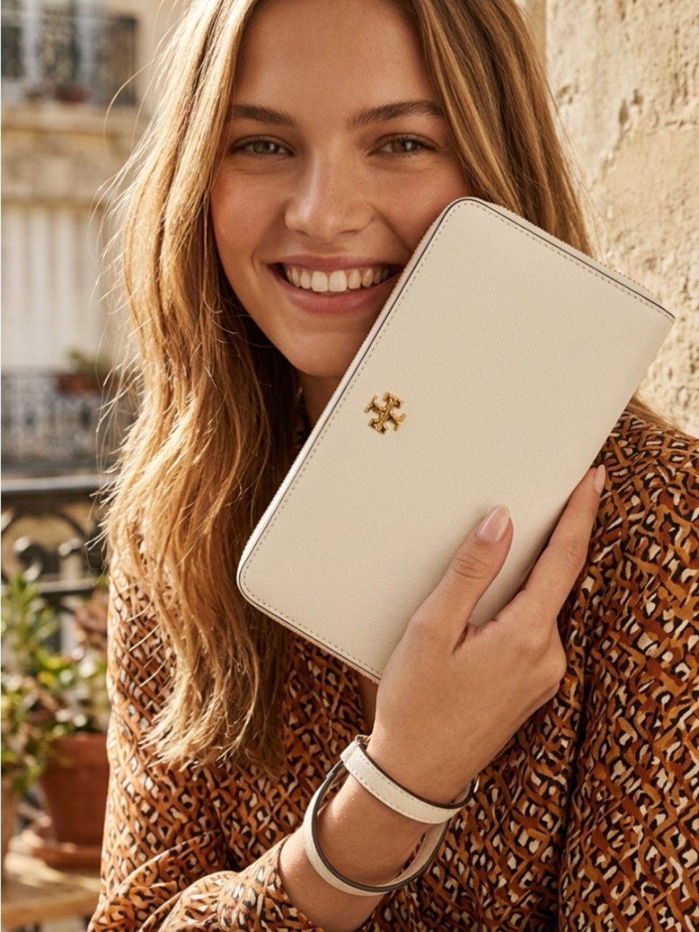 Leather Zip-Around Wallet in Ivory with Gold Logo